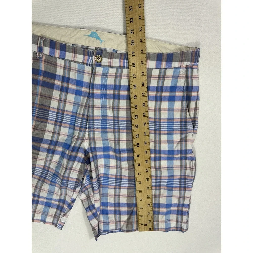 Tommy Bahama Mens 38 (40x10) Linen Stretch Plaid Shorts Pink Blue Modern Beach
